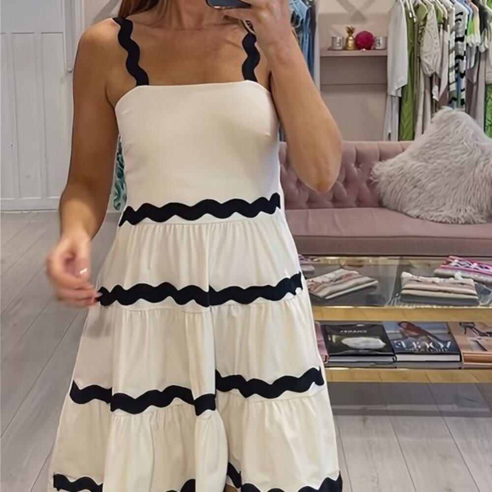 Unbranded A-Line Knit White Dress‎ Wave Trim Tiered Sleeveless NEW Sz S